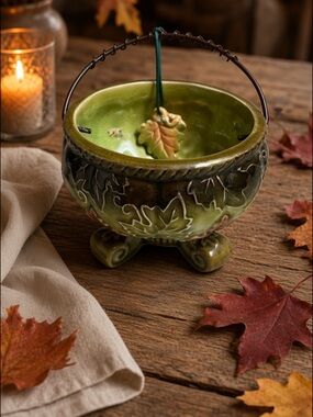 VINTAGE  CERAMIC DROP BOWL WITH GREEN AND RUST LEAVES CLAW FEET!